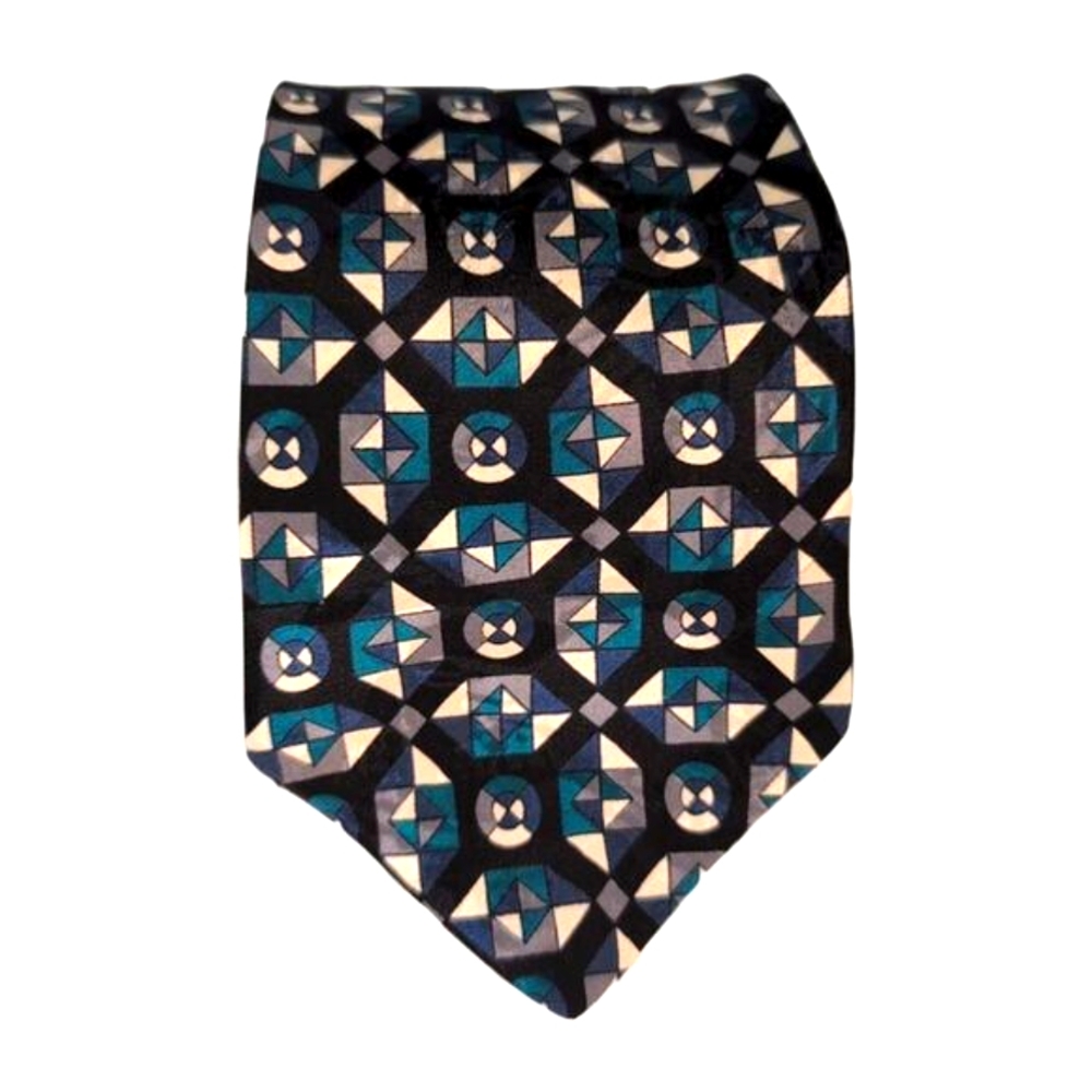 Vintage FERRACCI Men's Silk Tie Black Blue White Geometric 68"x4" Made in USA